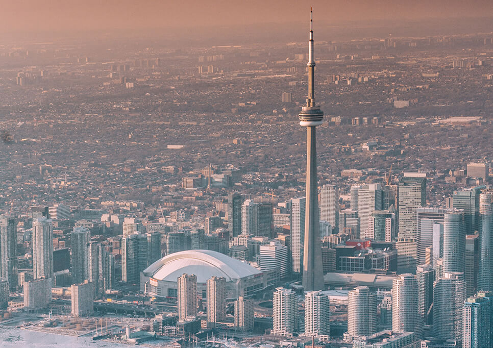 view of Toronto's waterfront as seen from the sky, during winter